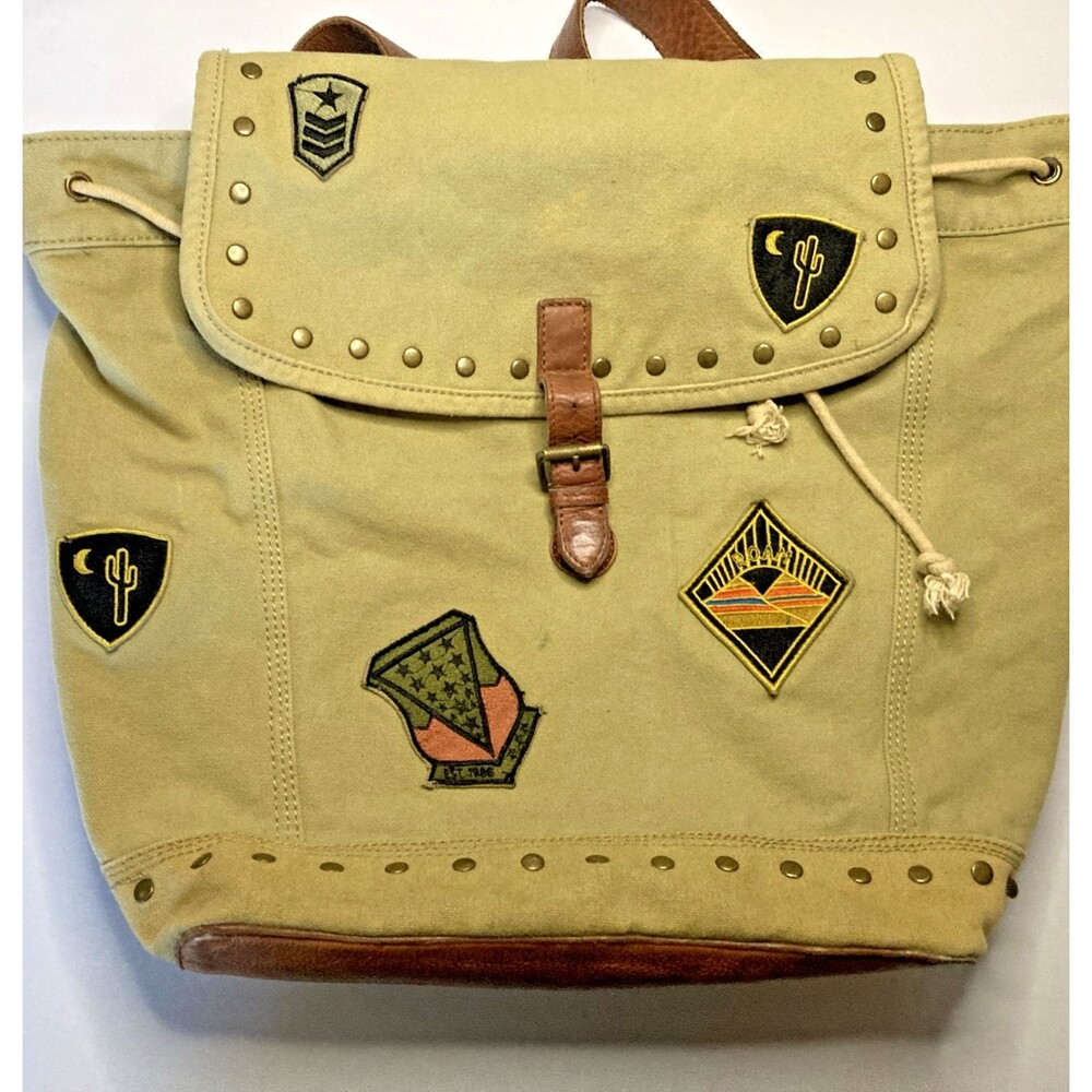 Free People Canvas Leather Backpack Large Boho Vintage Bookbag w/ Flap 17x14